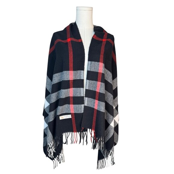 2/$30 New Cashmere Blend Plaid Black Red White Shawl Wrap With Fringe - Picture 9 of 11